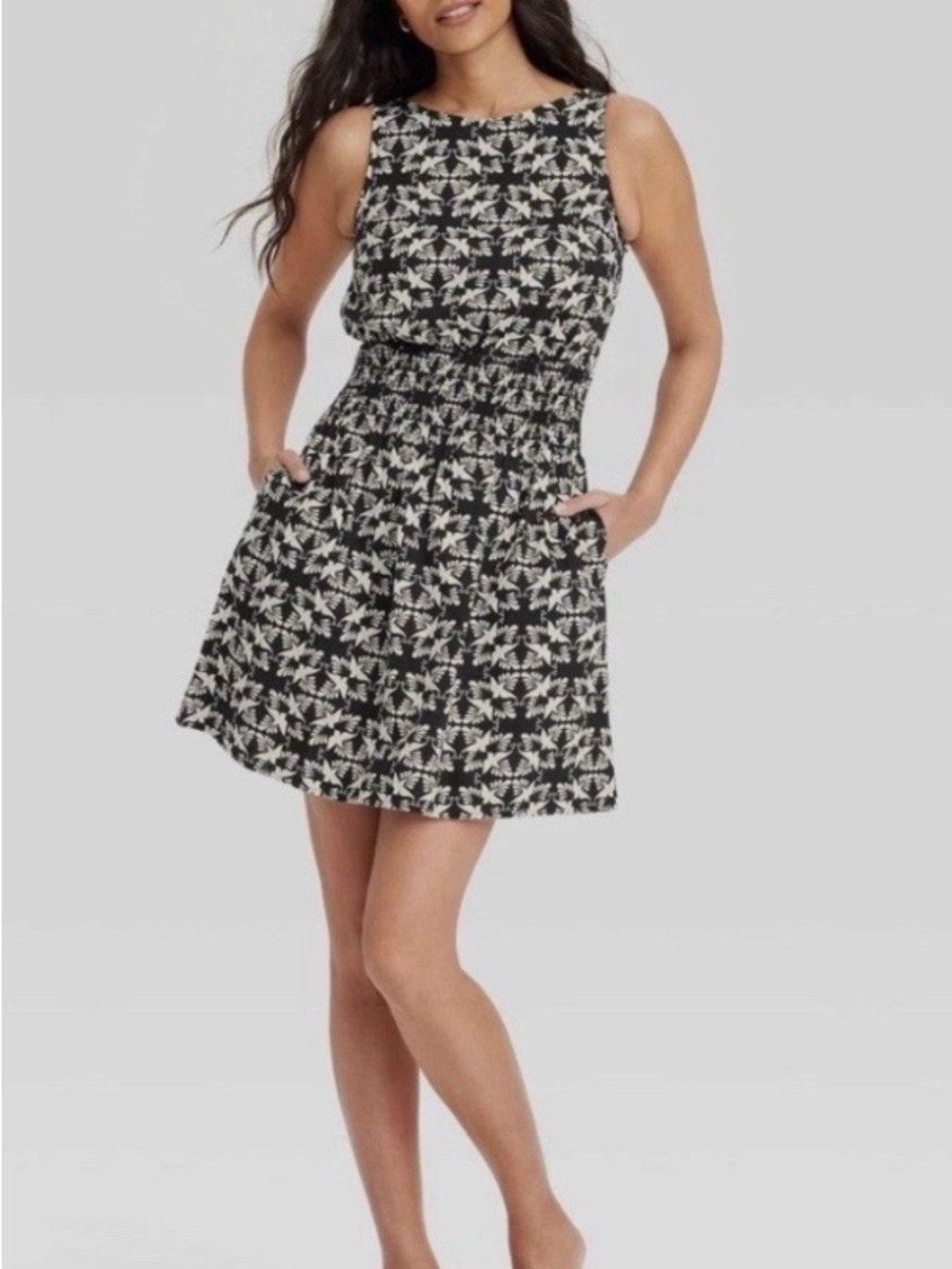 Universal Thread Black & Cream Smocked Waist Mini Dress Bird Print Pockets L